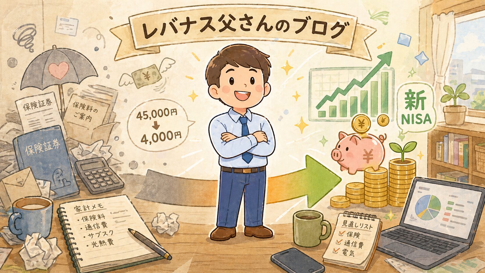 保険を見直して投資に切り替えた40代パパのイラスト