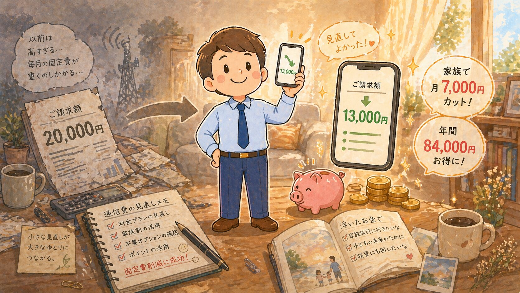 通信費を見直してau→UQ→ワイモバイルへ乗り換えた40代パパのイラスト