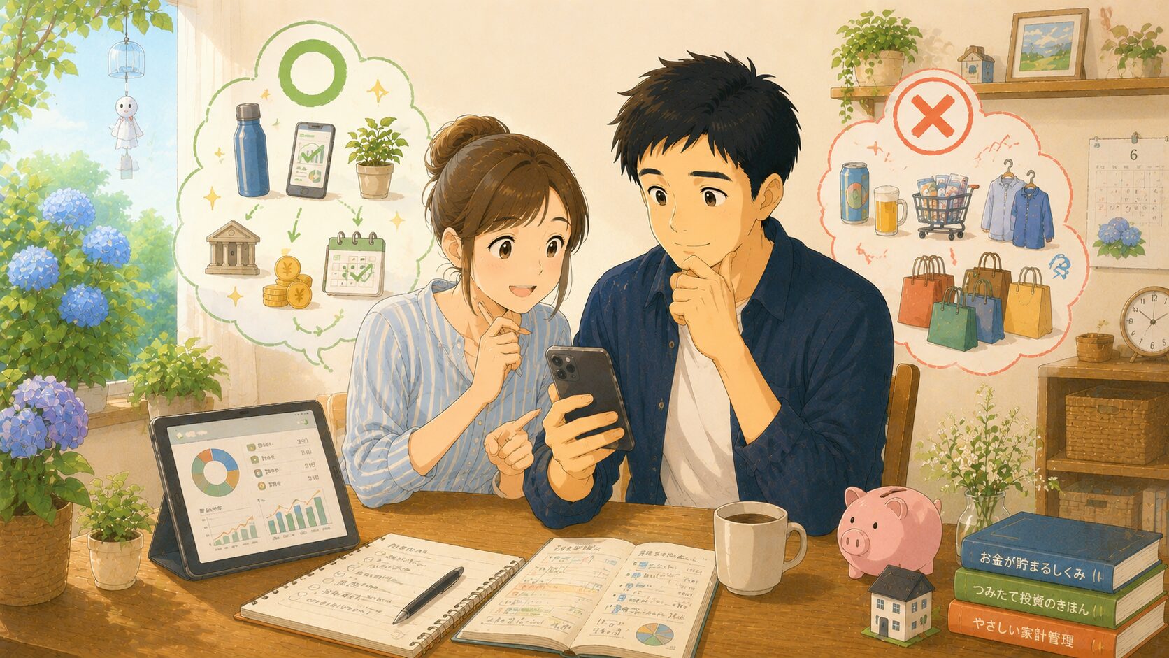 家計簿アプリを見ながら続く節約と続かない節約を考える40代パパ夫婦のイラスト