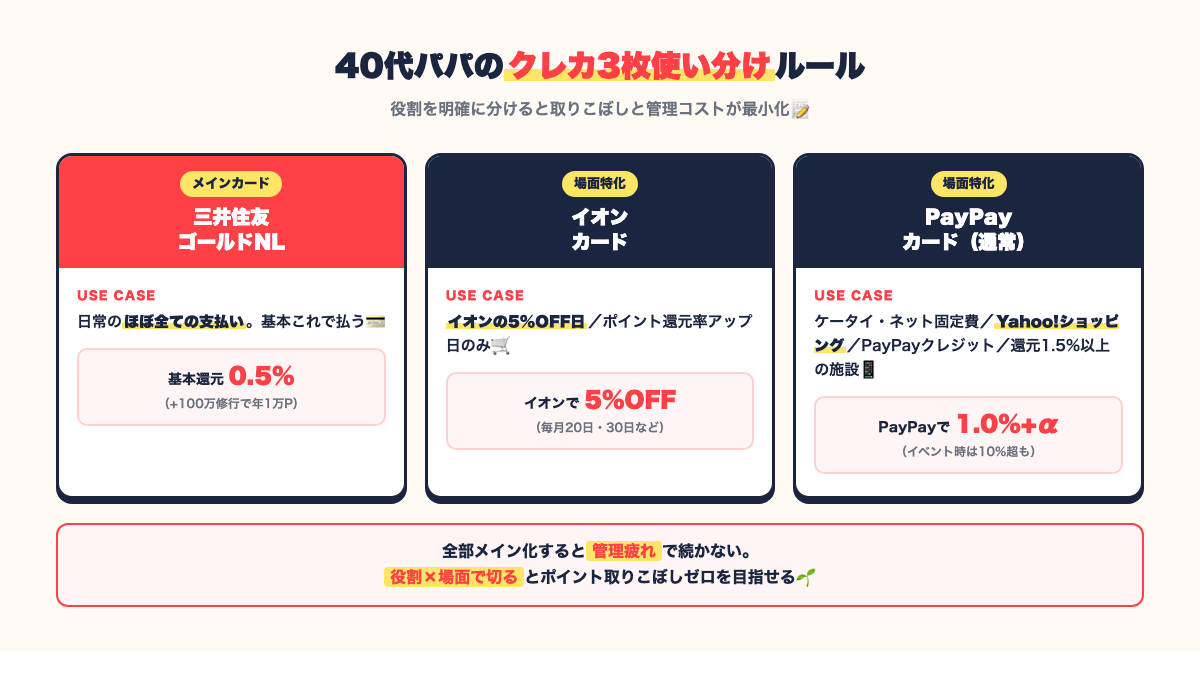 三井住友ゴールドNL（メイン）・イオンカード（5%OFF日）・PayPayカード（PayPay経済圏特化）の40代パパ流クレカ3枚使い分けルール早見表