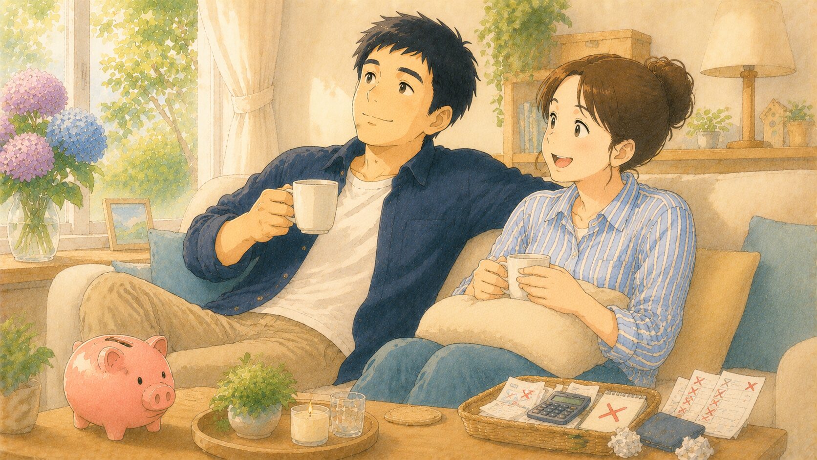 細かい節約をやめてリビングでくつろぐ40代夫婦（やらない節約）