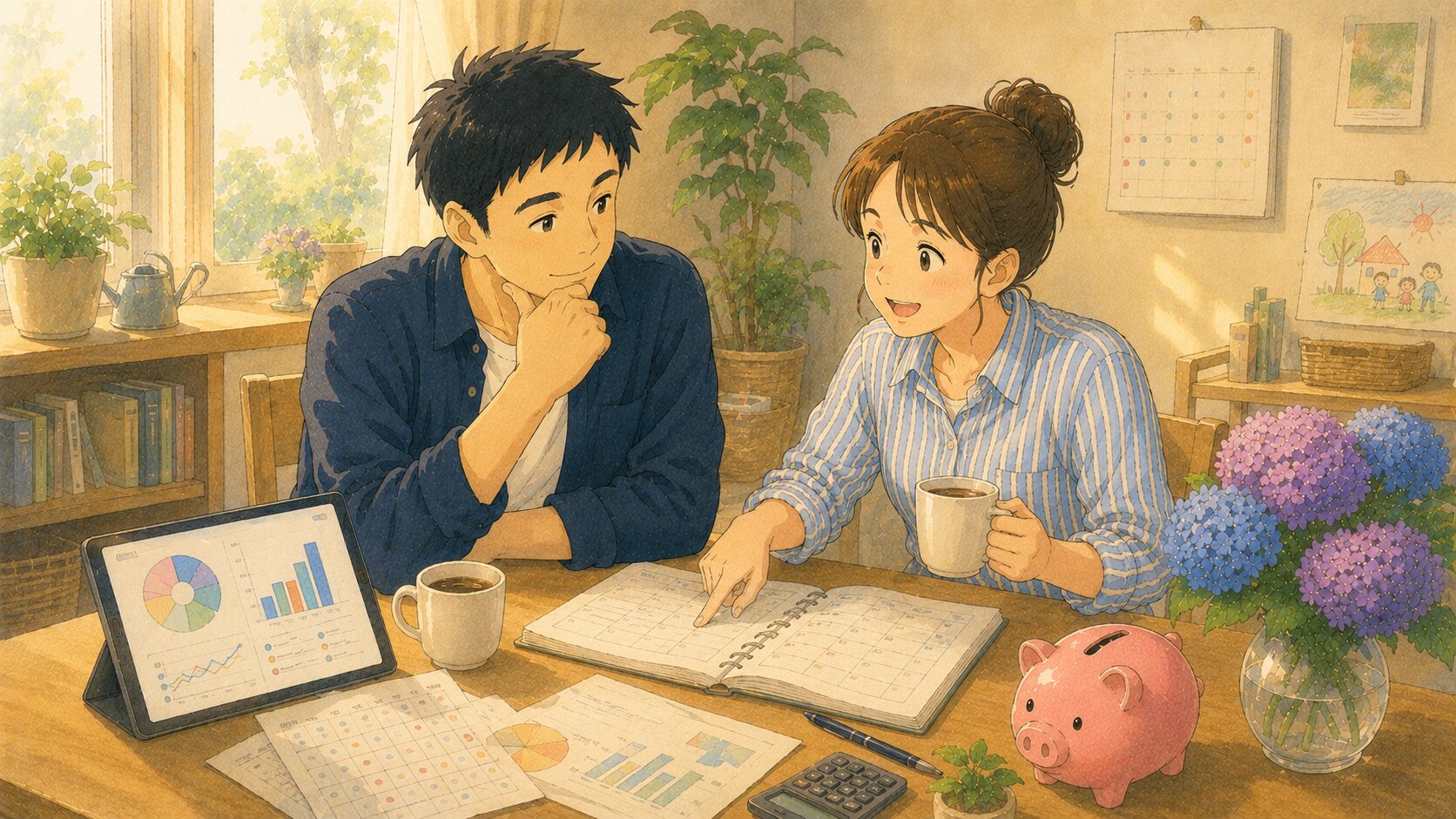 休日の朝の食卓で、家計簿ノートとタブレットのグラフを見ながらこれからのお金と将来について話し合う40代夫婦。豚の貯金箱や紫陽花のある、庶民的であたたかい日本の家庭のリビング
