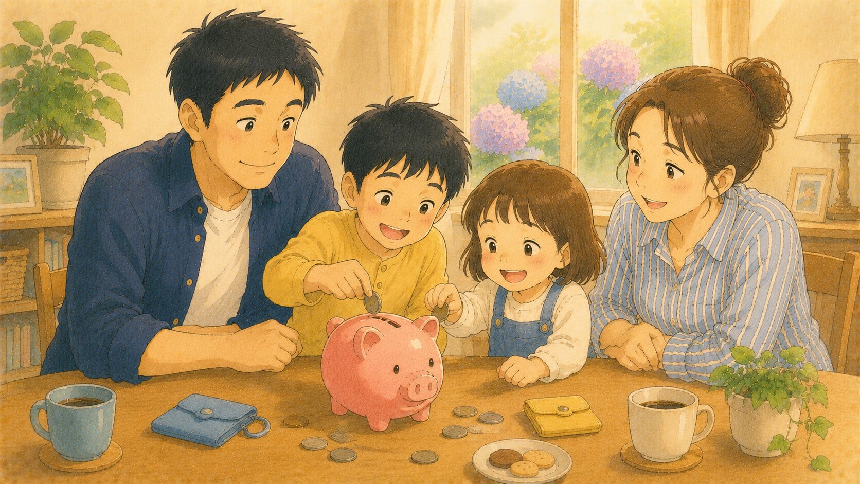 夫婦と子ども2人で豚の貯金箱にコインを入れる家族のイラスト