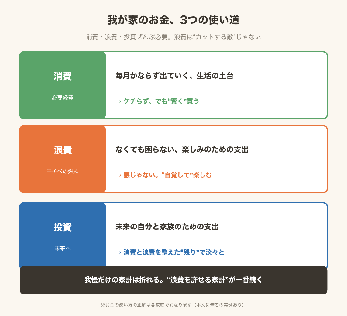 我が家のお金の3つの使い道という考え方。消費=必要経費はケチらず賢く買う、浪費=モチベの燃料は自覚して楽しむ、投資=残りで淡々と。浪費はカットする敵ではないという図解
