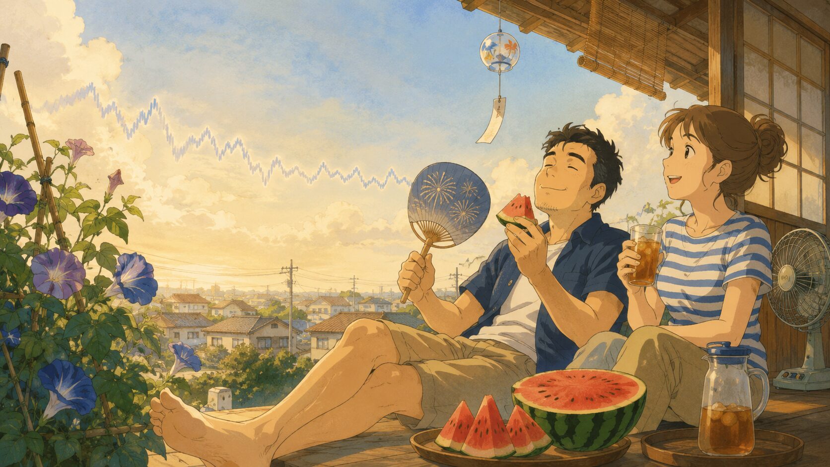 縁側でうちわを扇ぎスイカを食べながらくつろぐ夫婦。空には夏枯れ相場を象徴する横ばいの株価チャート。相場が動かない夏を騒がず過ごすイメージ