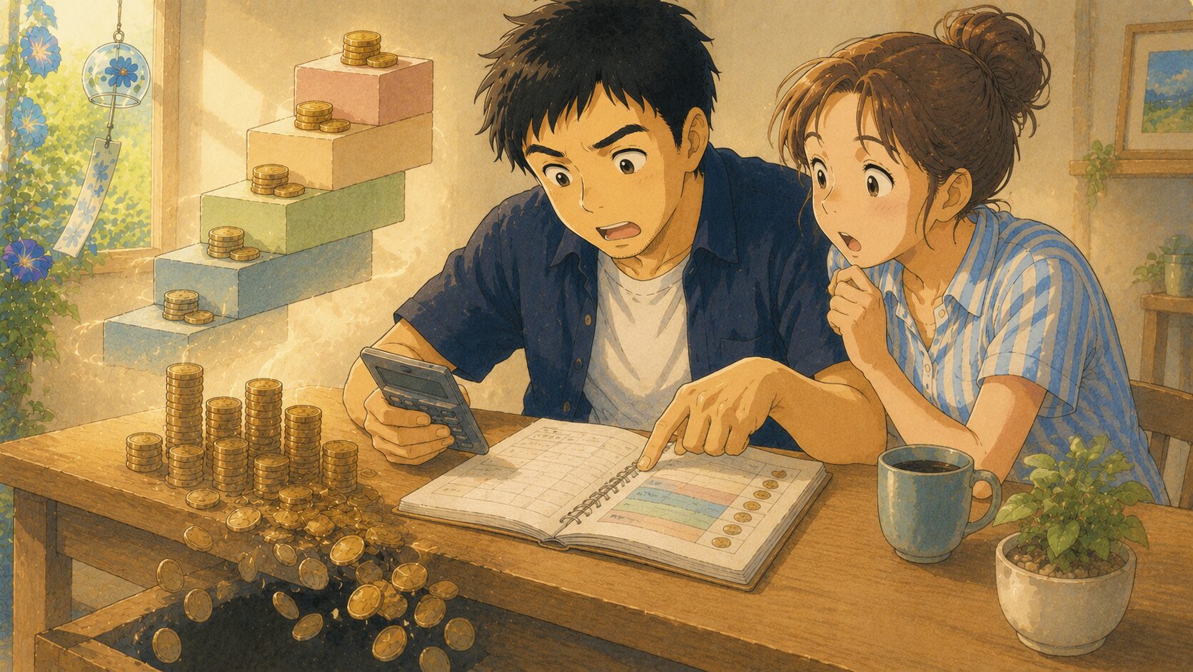 電卓と家計簿を見ながら、レバナスの毎月のコストに気づいた父さんと、隣で覗き込む妻のイラスト