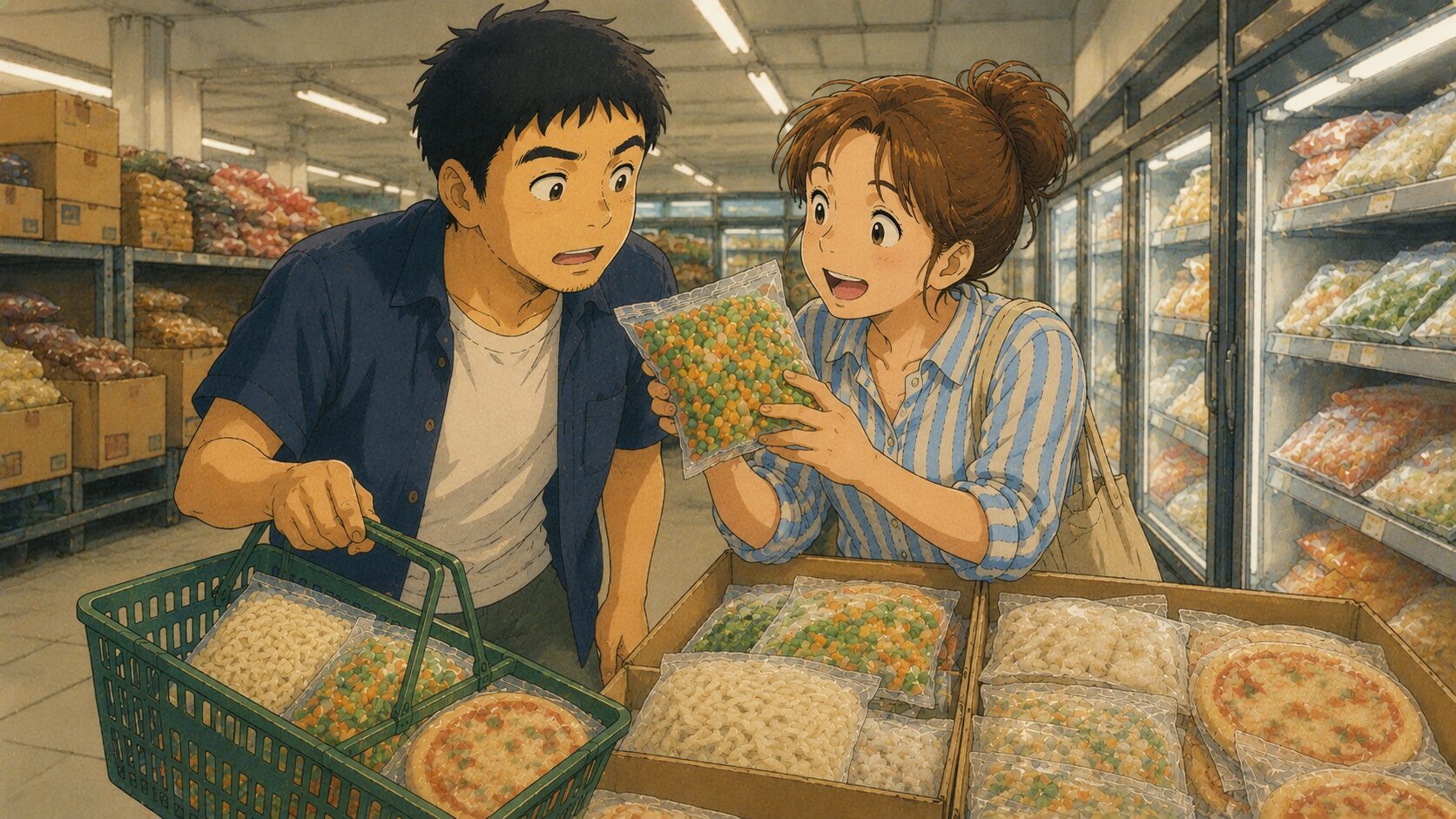 業務スーパーの冷凍食品コーナーで、冷凍野菜を手に取り一緒に選ぶ40代夫婦