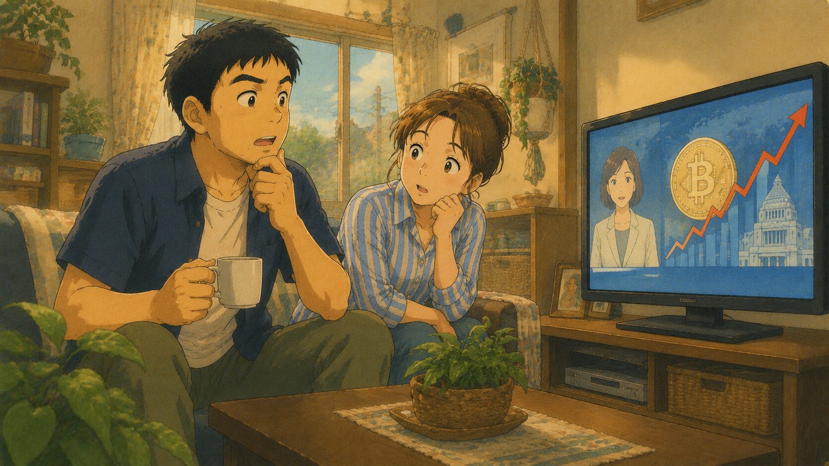テレビの暗号資産ニュースを見る40代夫婦。画面にビットコインと上昇チャート、国会議事堂