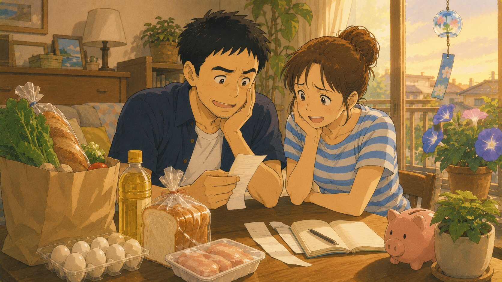 値上がりしたスーパーのレシートを夫婦で見て苦笑いする40代夫婦。買い物袋やパン・卵・食用油が並ぶ食卓で、円安による物価高を日常で受け止める様子