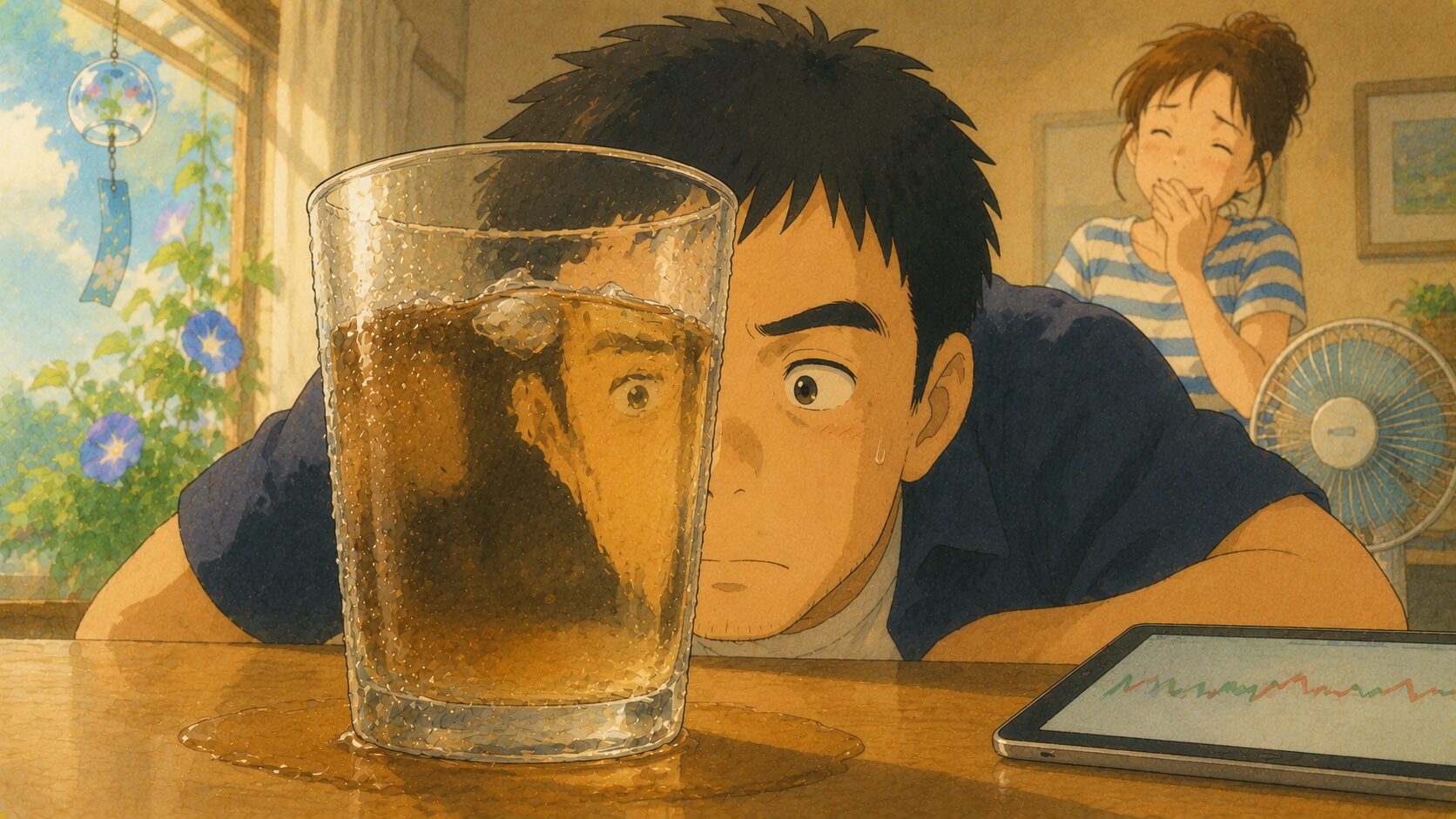 真夏のダイニングで、氷が溶けきった麦茶のグラス越しに顔を歪ませながら固まっている40代の父親。奥では妻が笑い、テーブルのタブレットにはギザギザのチャートが表示されている