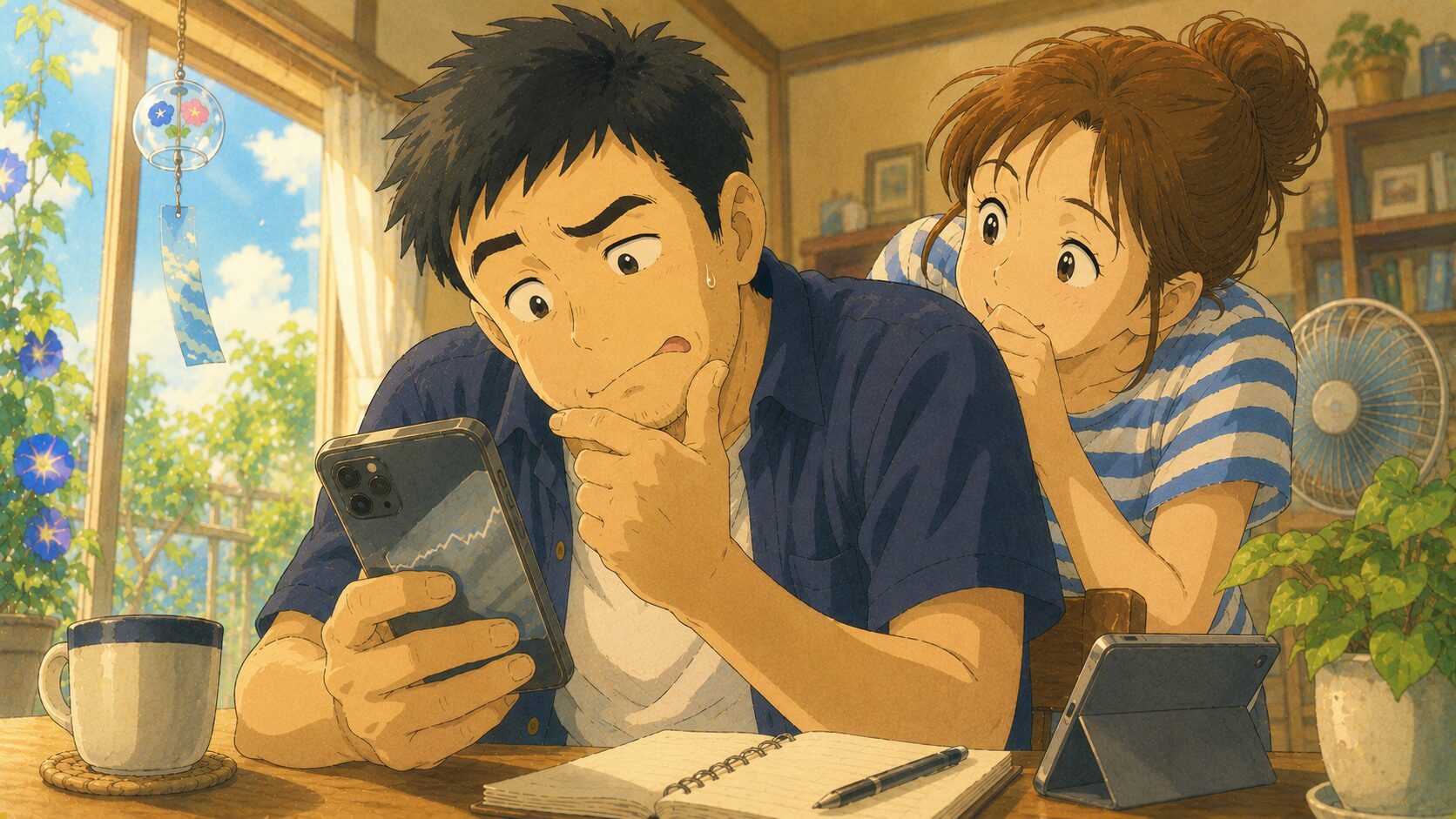 夏の朝のリビングで、銀行アプリの名前が変わっていることに気づき腑に落ちない顔をする40代の夫と、それを覗き込んで笑いをこらえる妻