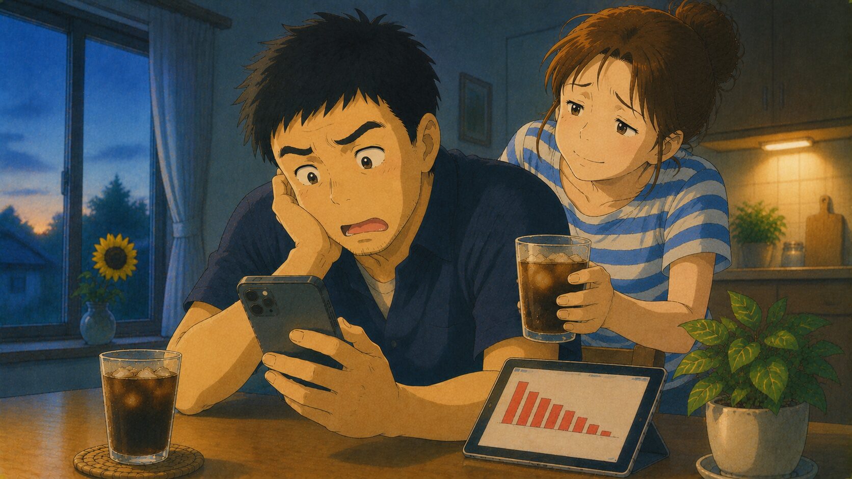 明け方のリビングでスマホの相場を見て驚く40代の夫と、コーヒーを差し出しながら苦笑いする妻。テーブルには右肩下がりの赤いグラフが表示されたタブレット