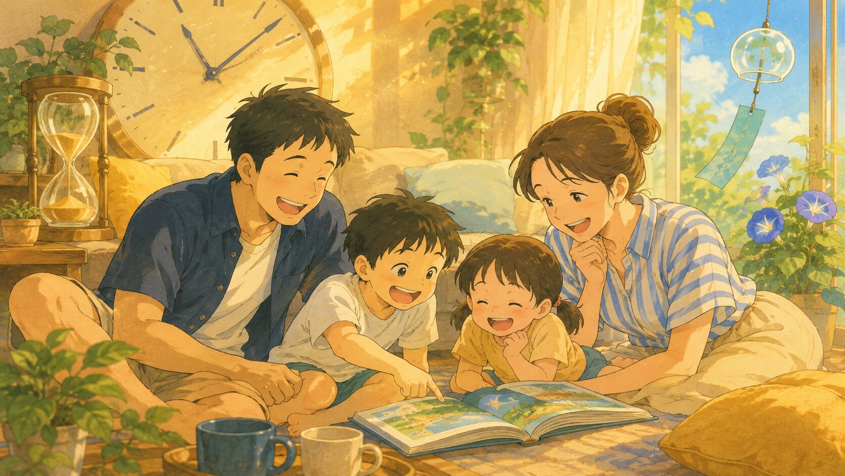 時短家電で家事から解放され、リビングで絵本を囲んで団らんする4人家族。時計と砂時計が家族に増えた時間を象徴している