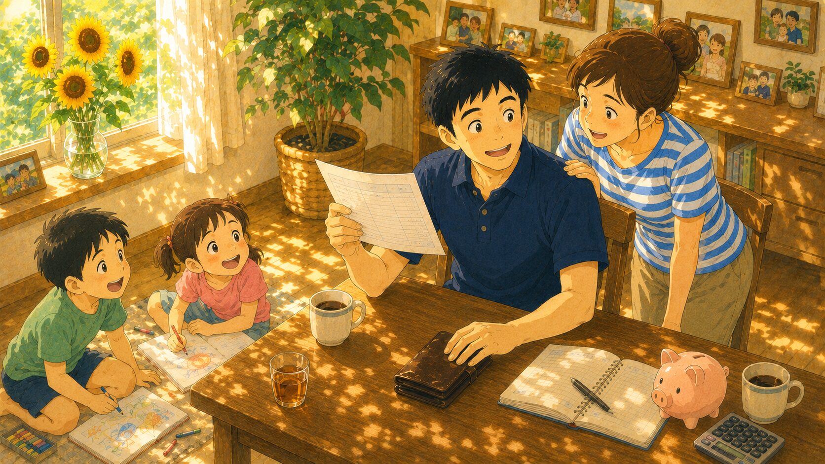 給与明細を手にした夫と、隣で笑って覗き込む妻。もう片方の手は閉じた財布の上に置いたまま