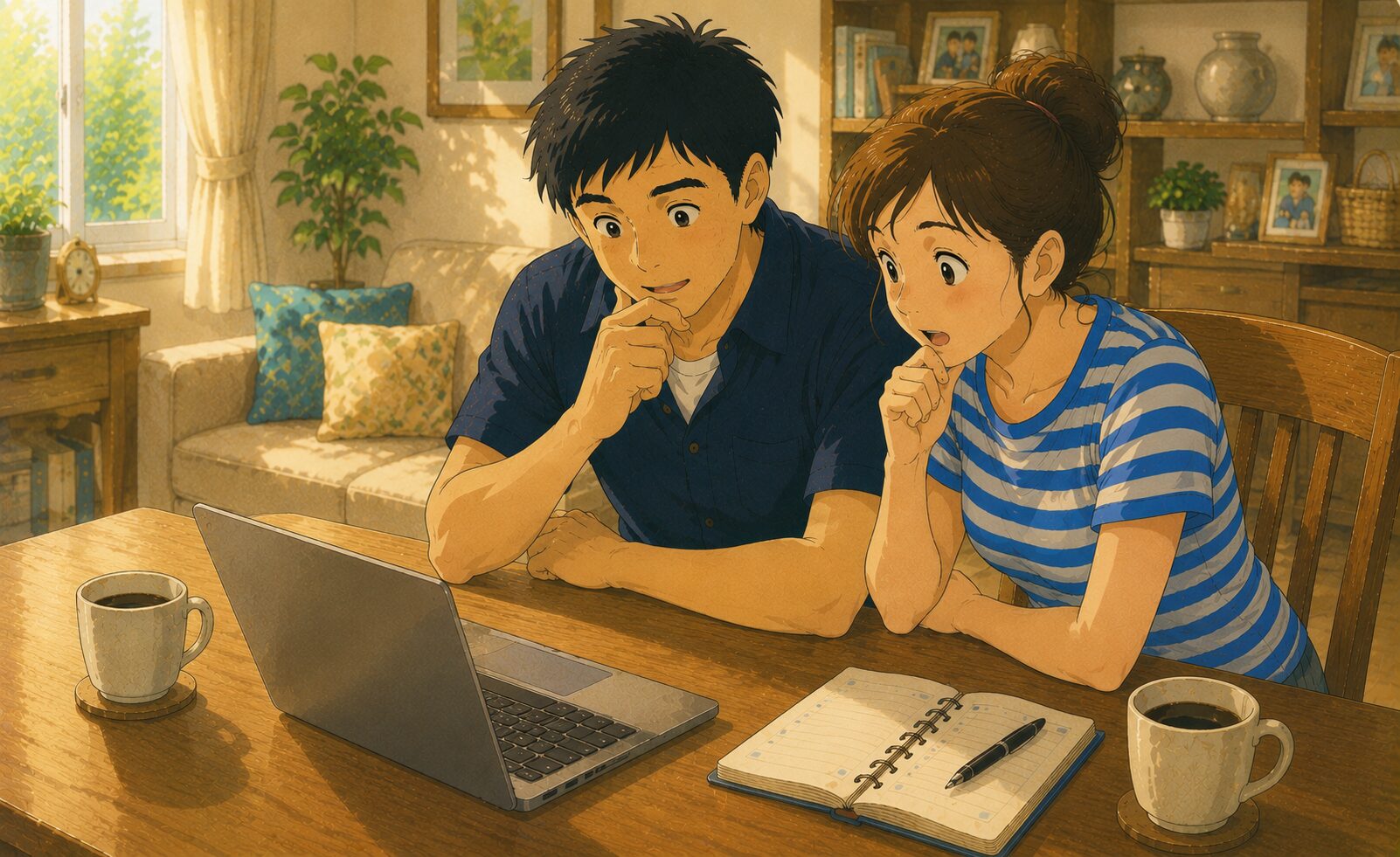 ノートパソコンで投資口座の残高を確認して驚く40代夫婦のイラスト