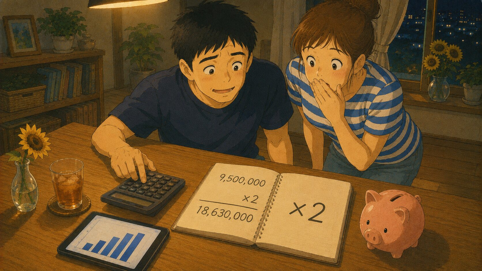 夜のダイニングで電卓を叩き終えた夫と、ノートに書かれた950万円×2＝1,863万円の計算を覗き込んで驚く妻のイラスト