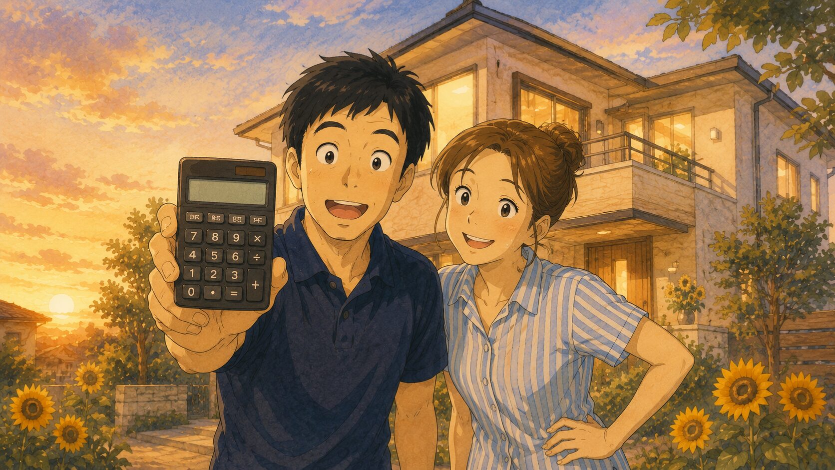 夕暮れの自宅の前で電卓を掲げて驚く40代の夫と、隣で苦笑いする妻のイラスト