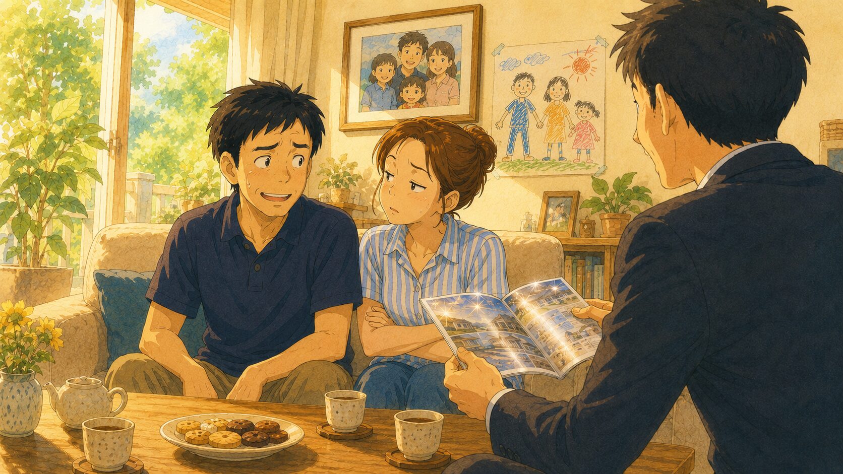 明るいリビングで、スーツ姿の営業マンが光沢のあるパンフレットを差し出し、40代の夫婦が困った表情で顔を見合わせているイラスト。背景の壁には4人家族の写真と子どもが描いたクレヨン画が飾られている
