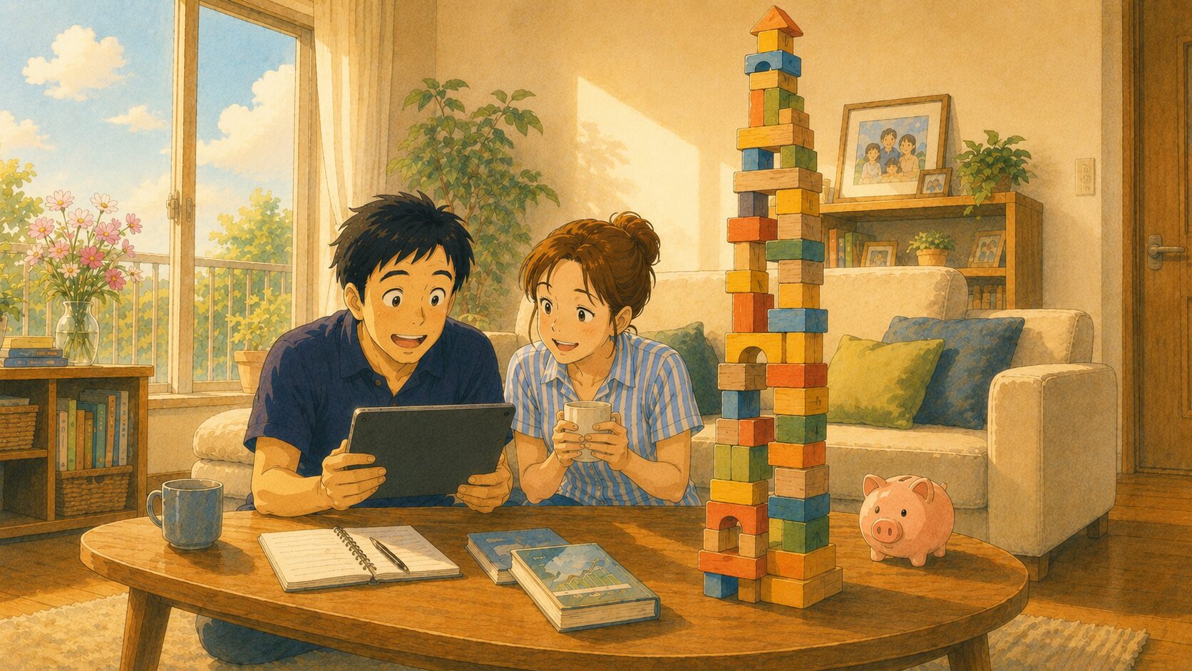 ジブリ風イラスト。昼下がりのリビングで、棒グラフの表示されたタブレットを見て苦笑いする40代の夫と、コーヒーを手に笑う妻。テーブルには天井に届きそうな積み木のタワーと、その足元に小さな豚の貯金箱