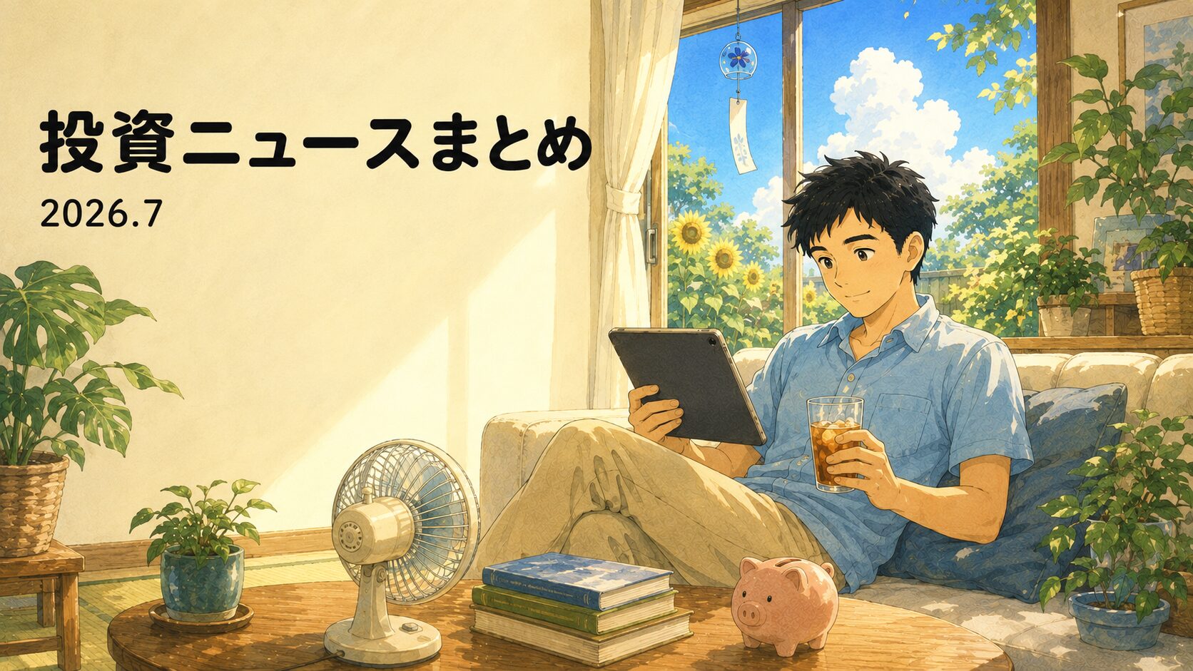 真夏の晴れた日のリビングでタブレットの相場を見る40代の男性。窓辺の風鈴は風がなく動かず、外にはひまわりと入道雲。テーブルには扇風機と豚の貯金箱