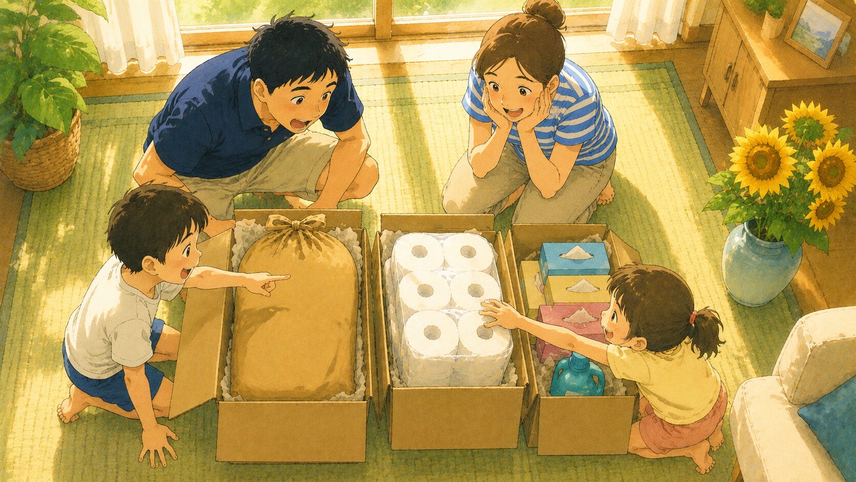 ふるさと納税の返礼品が届いた段ボール箱を家族4人で囲んで覗き込んでいるイラスト。中には米袋、トイレットペーパー、ティッシュ、洗剤が入っている