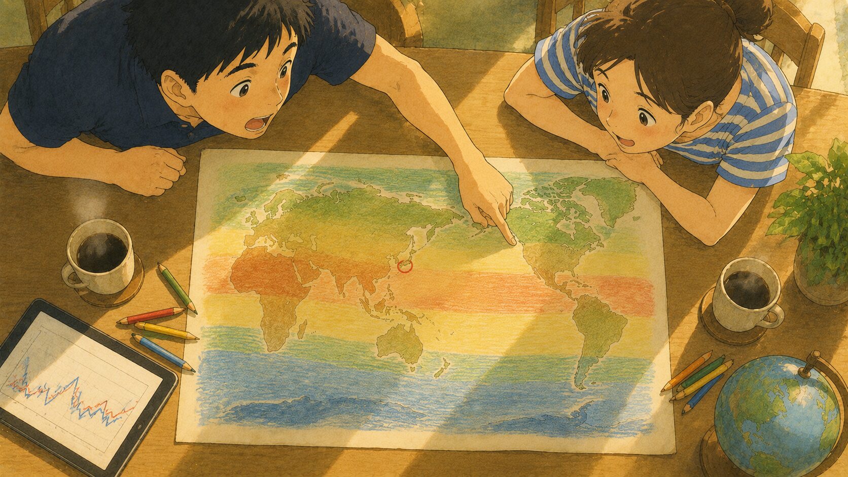 色分けした世界地図を夫婦で覗き込み、東アジアの一点を指さして驚いている様子