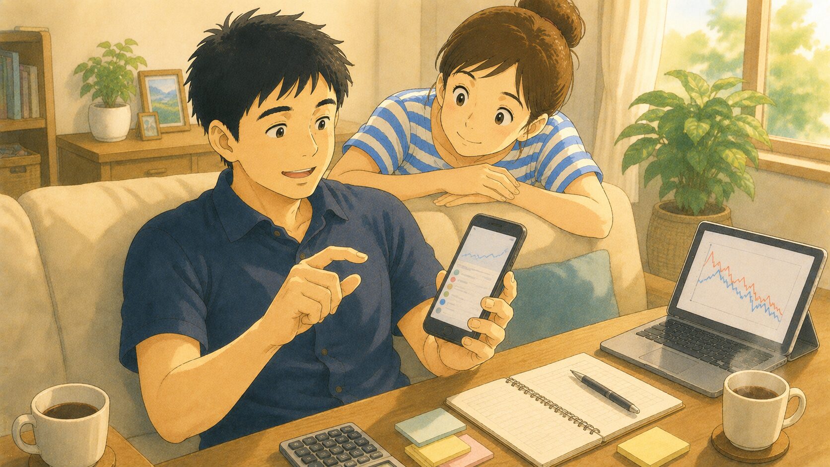 スマホの投資信託の画面を見ながら注文しようとした親指を止めた夫と、後ろから覗き込む妻