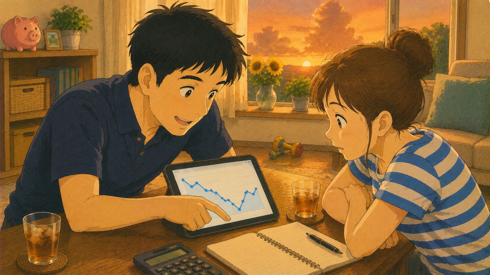 夕方のリビングで、急落したあと半分だけ戻った為替チャートをタブレットで指さす夫と、それを覗き込む妻