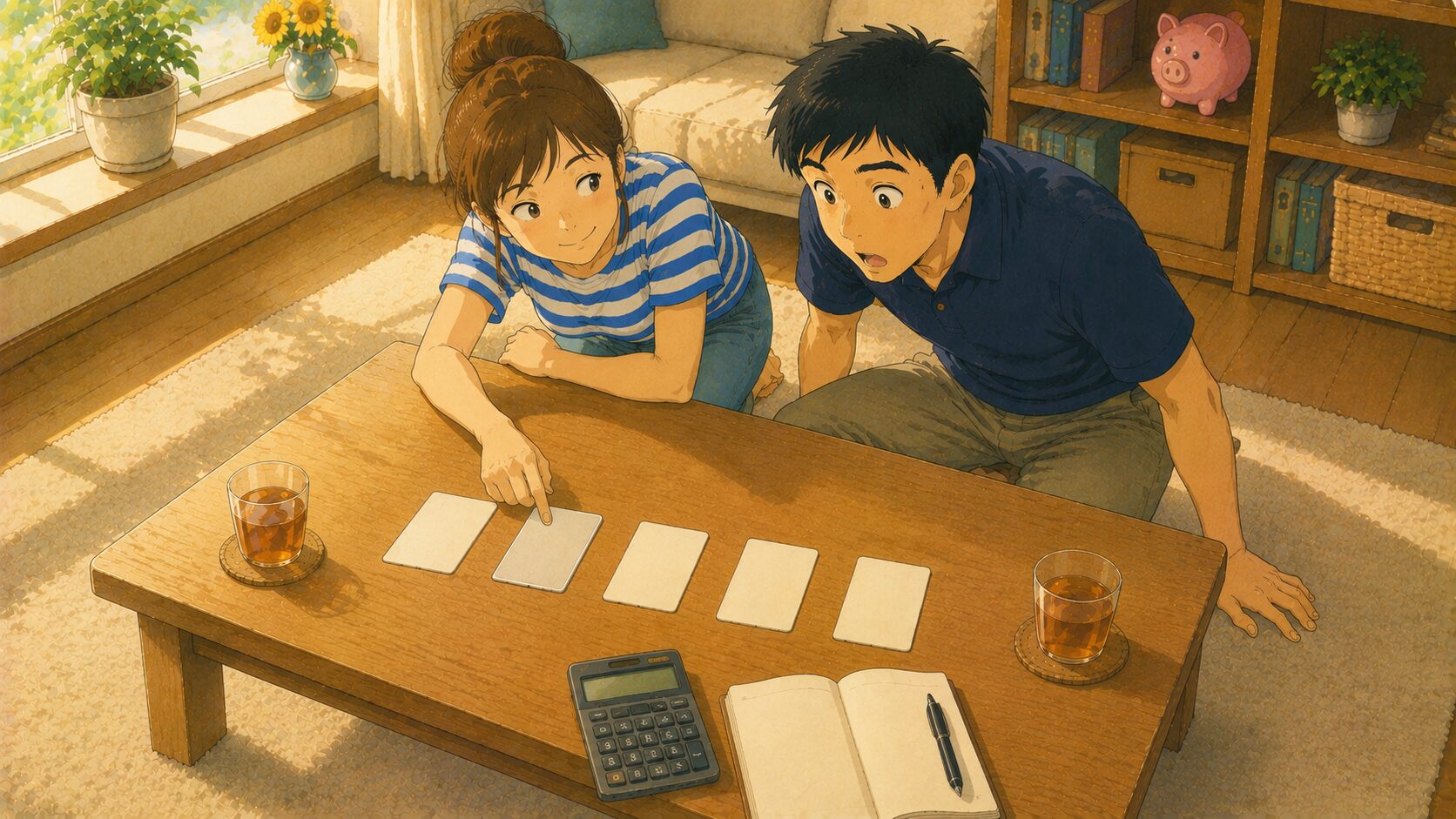ローテーブルに並べた5枚のカードのうち1枚だけを裏返す妻と、それを覗き込んで驚く夫。年収の壁5本のうち106万円の1本だけが撤廃されることを表したイラスト