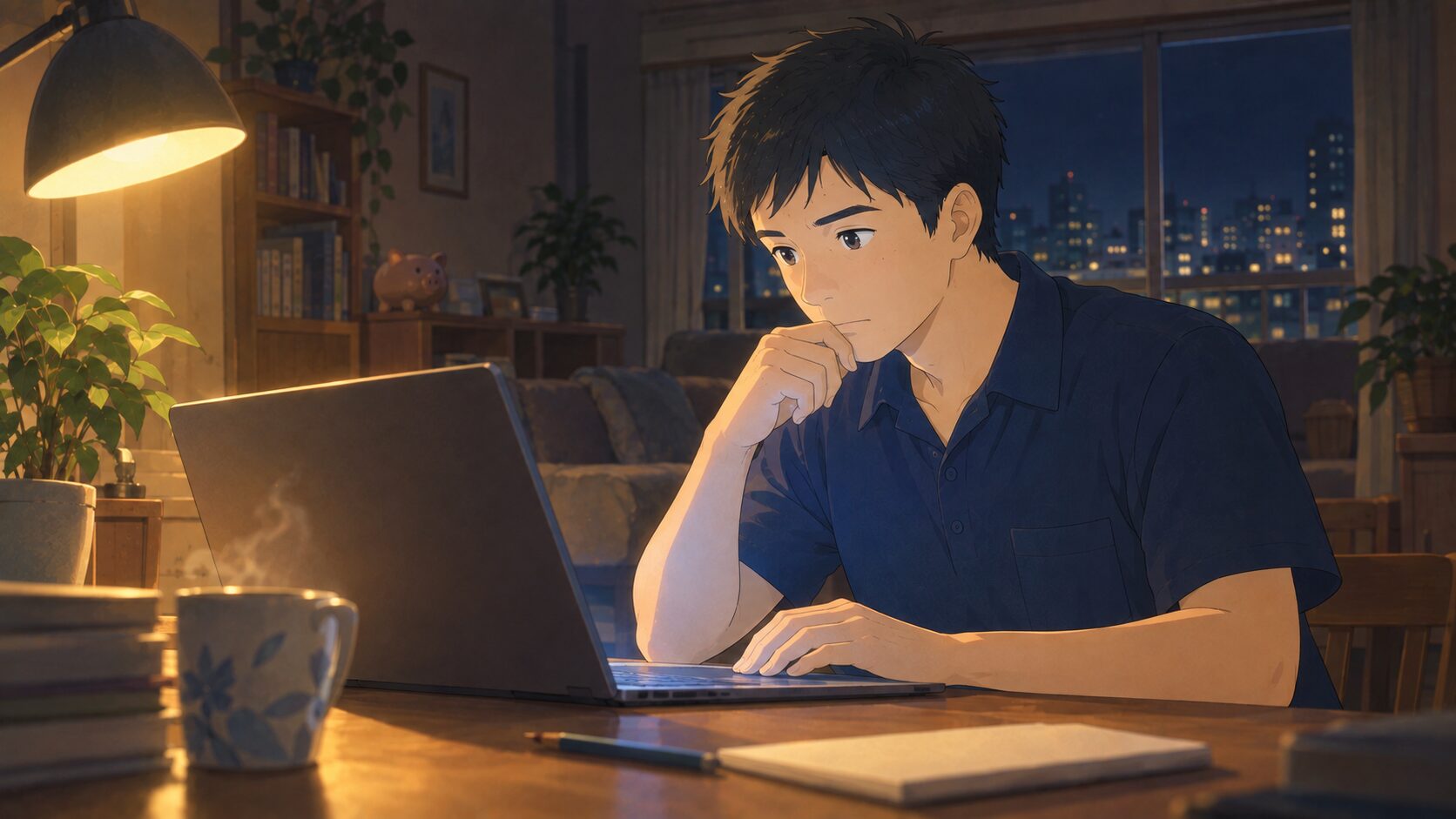 夜のリビングでノートパソコンの画面を見つめる40代の男性。デスクライトの明かりと窓の外の夜景