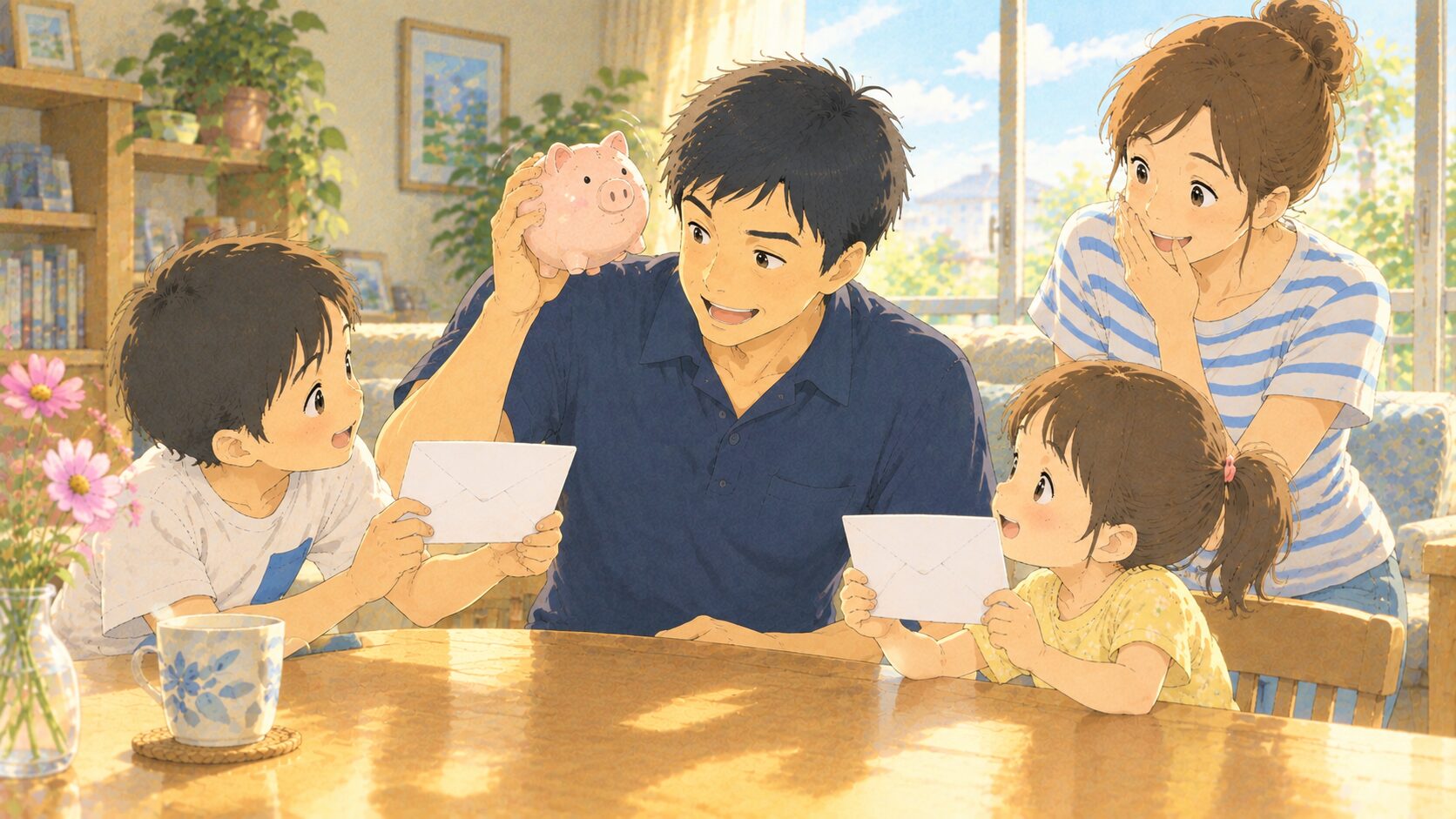 明るいリビングで、子ども2人が白い封筒を1通ずつ持って父親に見せている横で、父親が豚の貯金箱を振っているイラスト