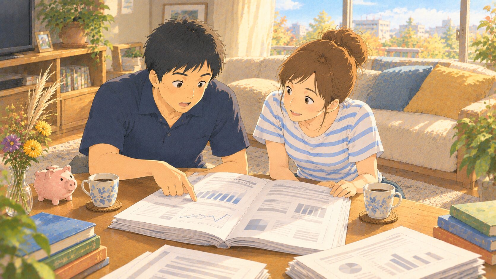 リビングで総務省の全国家計構造調査の資料を夫婦で広げて読んでいるイラスト