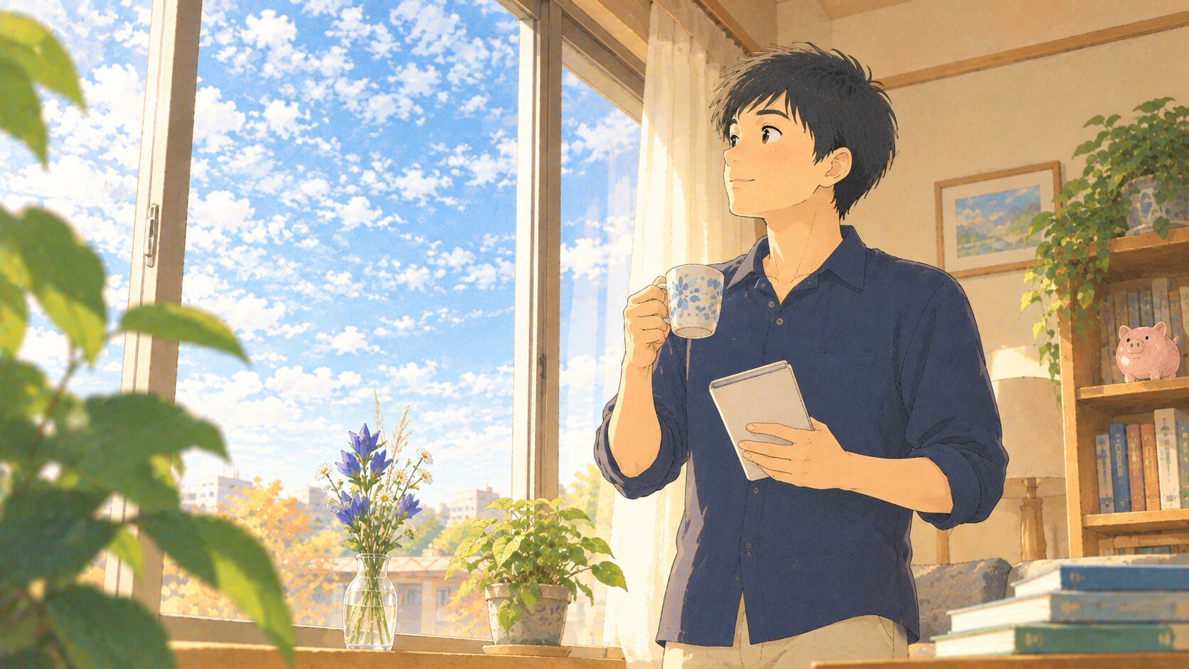 秋晴れの朝、窓辺に立ってコーヒーとノートを手に空を見上げる40代の男性のイラスト
