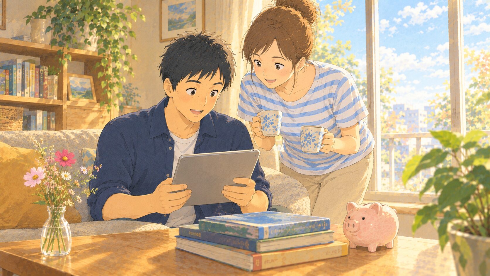 秋の朝のリビングで、ソファに座った夫がタブレットで日米の利上げのニュースを見て「おっ」と顔を上げ、コーヒーを2つ持った妻が横から覗き込んでいる