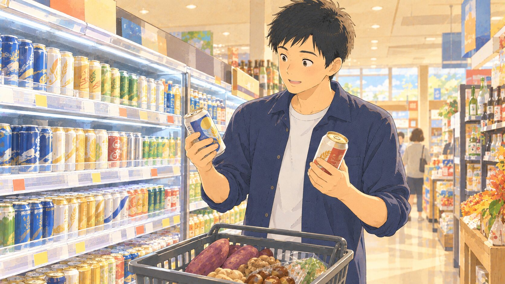 スーパーのお酒売り場で、缶ビールと第三のビールを1本ずつ手に持って見比べている男性。買い物カゴにはさつまいもやきのこなど秋の食材が入っている