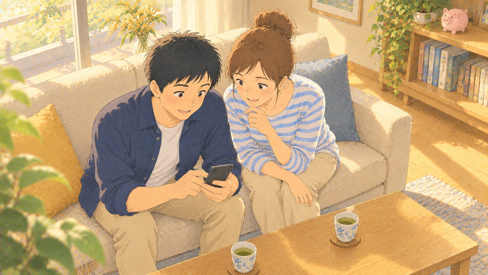 リビングのソファに浅く腰かけた40代の夫婦が、夫の持つスマートフォンを一緒にのぞき込んで笑っている。ローテーブルには湯呑みが2つ、棚には豚の貯金箱と本が並ぶ