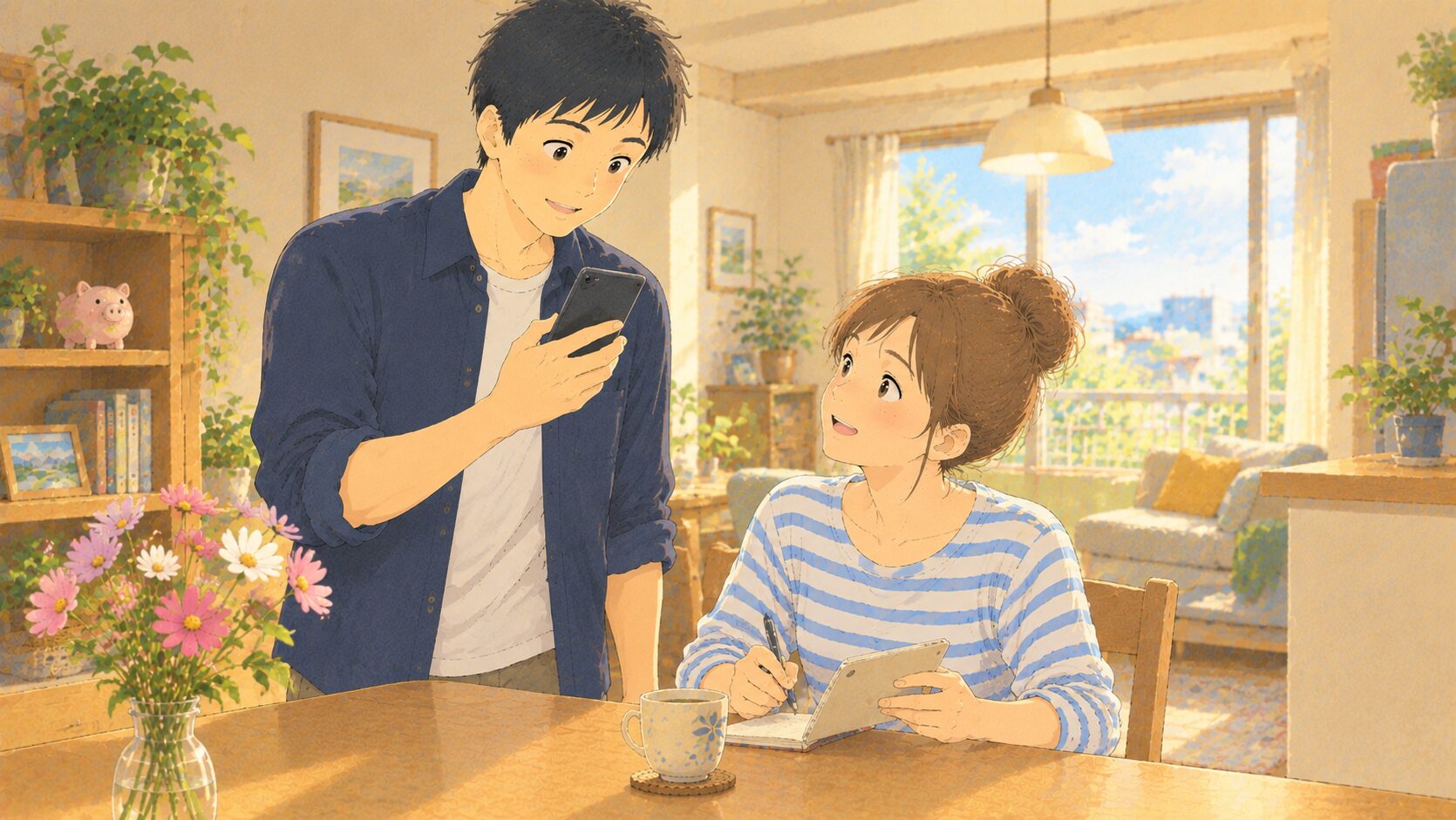 スマホを片手に立ち上がる夫が「おっ」という表情を浮かべ、ダイニングチェアに座り家計簿ノートを手にした妻がそれを見上げて微笑むイラスト