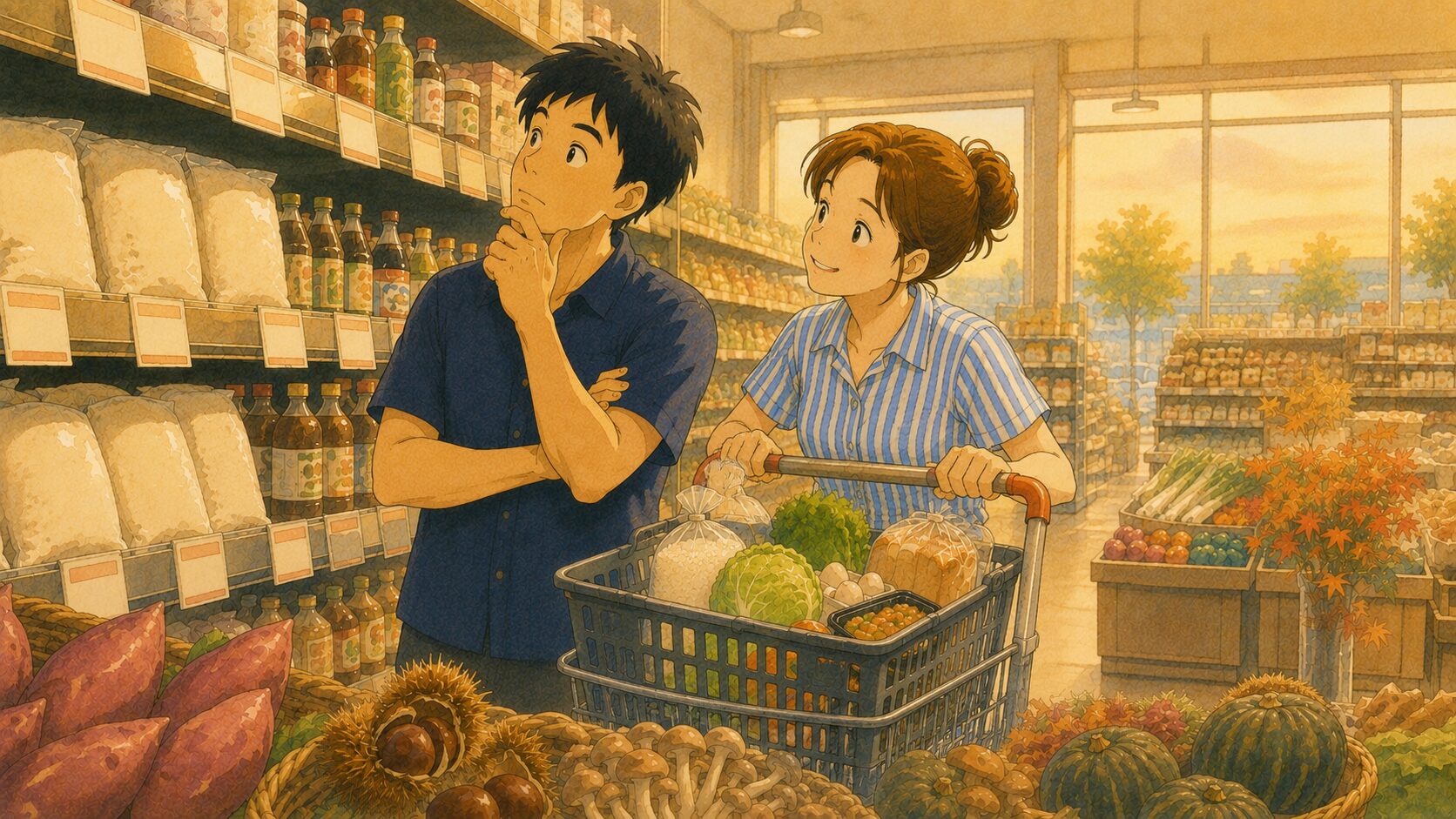 秋のスーパーで食料品の棚の値札を見上げる夫と、買い物カゴを持つ妻。食料品の消費税1%を考えるイラスト