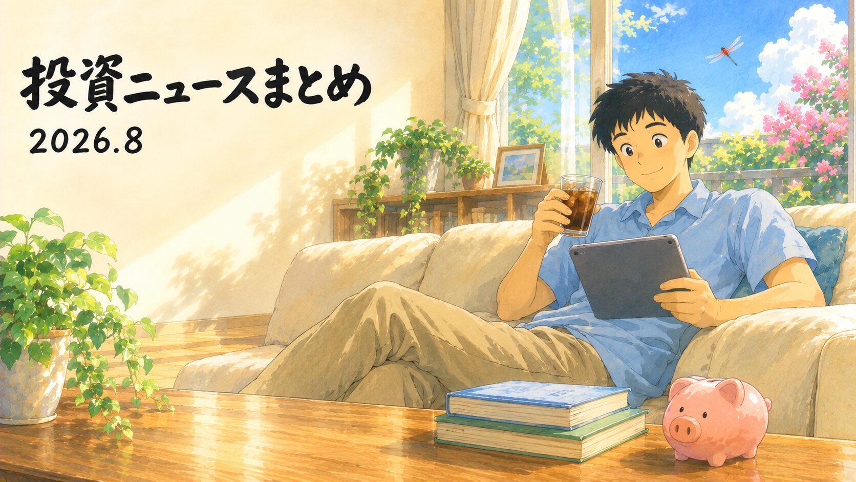 夏のリビングのソファでタブレットとアイスコーヒーを手に投資ニュースを眺める男性