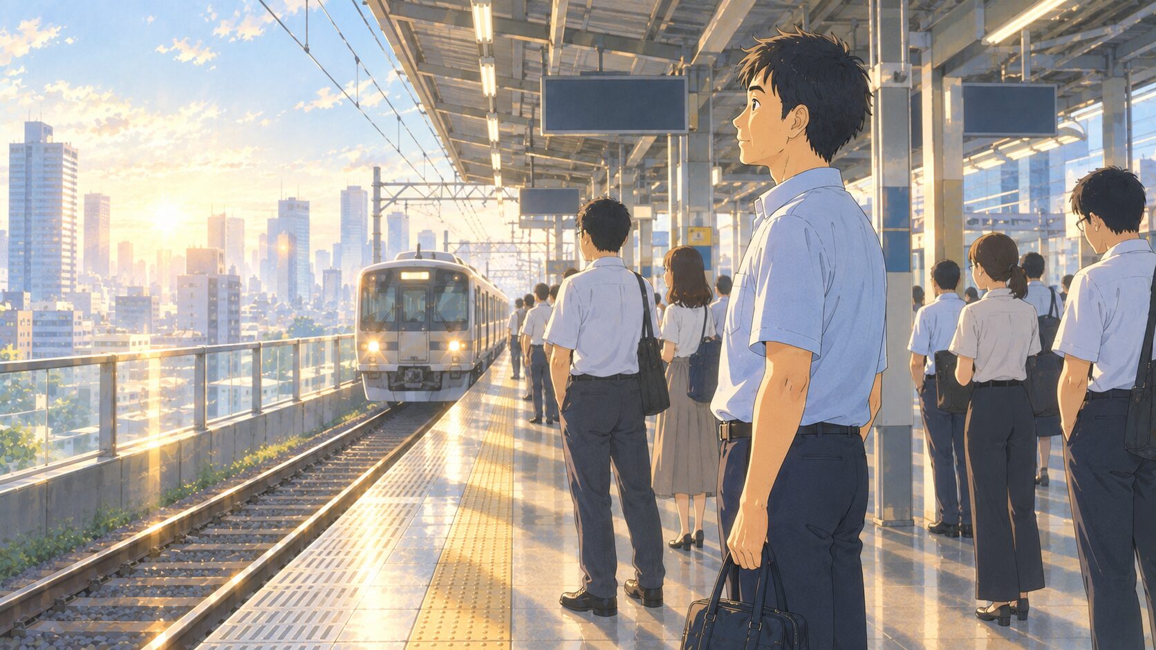 朝の高架駅のホームで通勤電車を待つクールビズ姿の男性。奥に都市のビル群と朝日