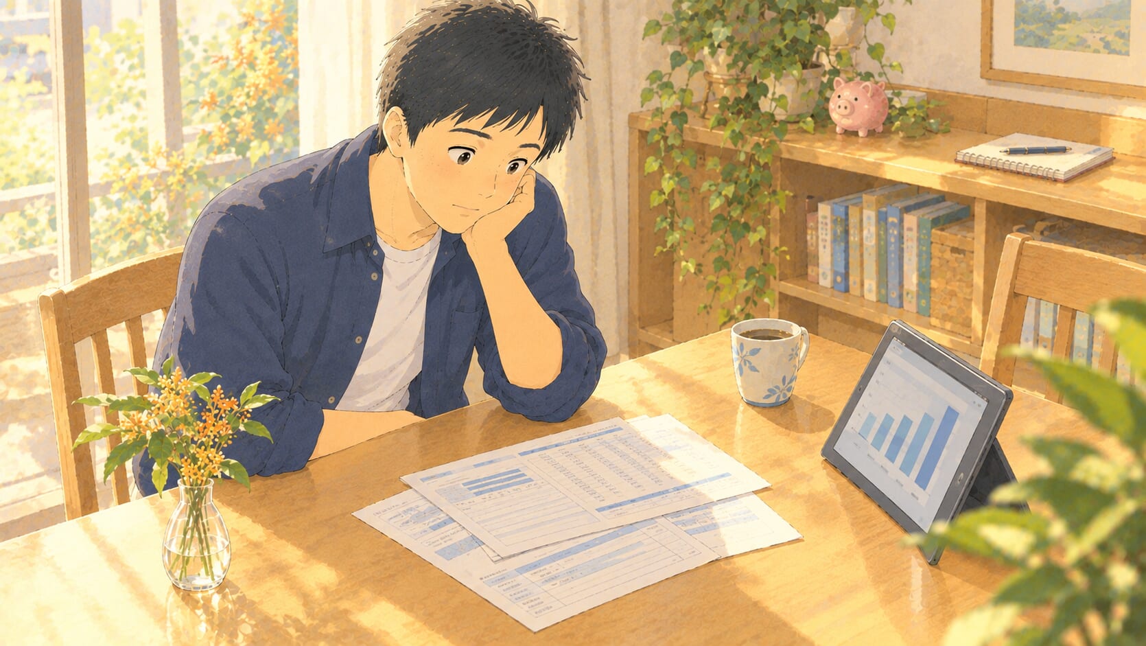 ダイニングテーブルで頬杖をつき、広げた給与明細を見下ろす40代男性のイラスト。テーブルには棒グラフが表示されたタブレットとコーヒーカップ、奥の棚には豚の貯金箱と観葉植物