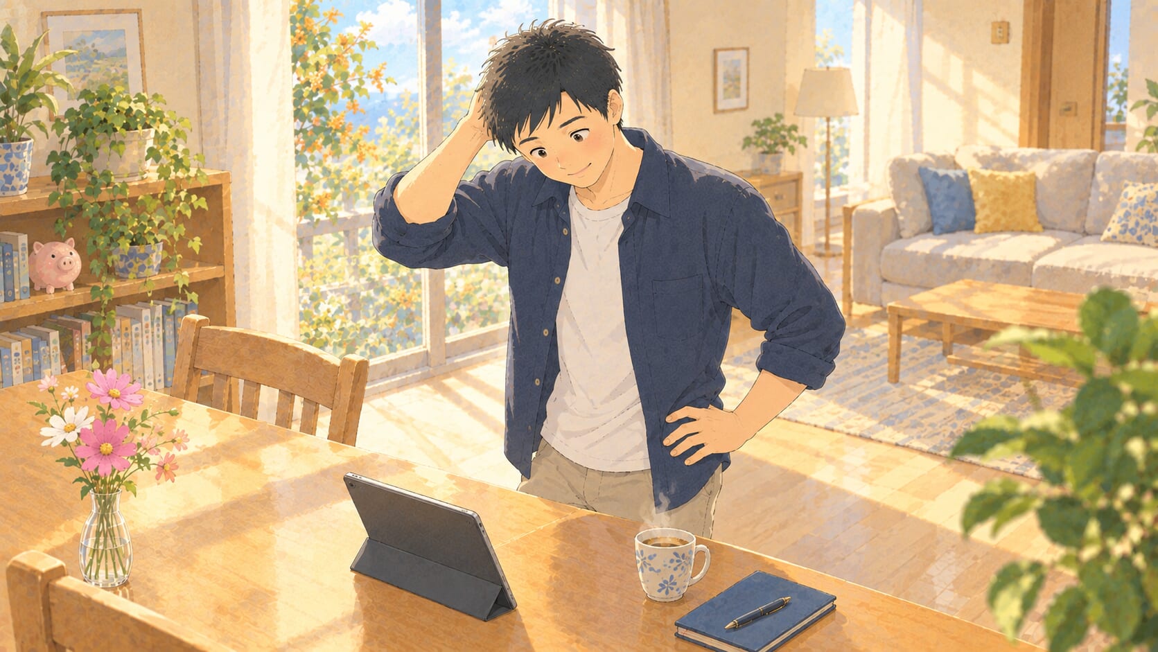 明るいリビングダイニングで、立ったままテーブルのタブレットを見下ろし、腰に手を当てて後頭部をかきながら苦笑いする40代の男性のイラスト