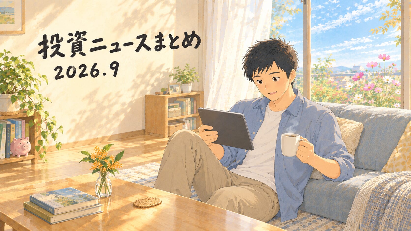 初秋のリビングでラグに座り、タブレットと湯気の立つホットコーヒーを手に投資ニュースを眺める男性。窓の外にはコスモスと秋の空
